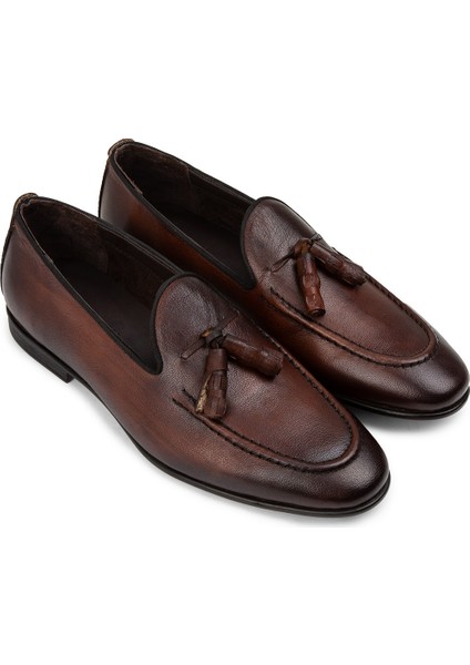 Hakiki Deri Taba Rengi Vintage Püsküllü Erkek Loafer - 01701MTBAC19