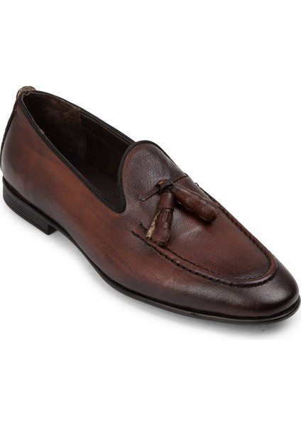 Hakiki Deri Taba Rengi Vintage Püsküllü Erkek Loafer - 01701MTBAC19