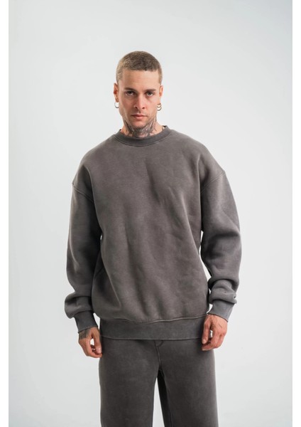 Unisex Uzun Kol Bisiklet Yaka Yıkamalı Sweatshirt - Füme