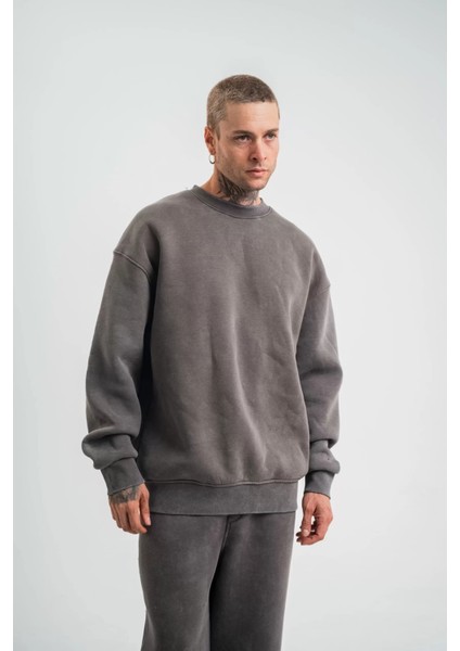 Unisex Uzun Kol Bisiklet Yaka Yıkamalı Sweatshirt - Füme