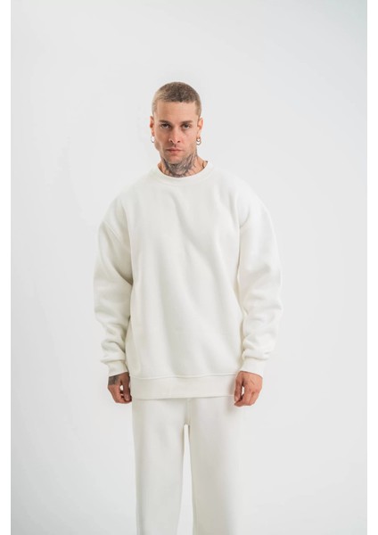 Uzun Kol Bisiklet Yaka Basic Sweatshirt - Beyaz