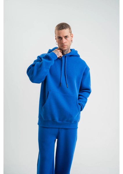 Unisex Double Oversize Kapşonlu Basic Sweatshirt - Mavi