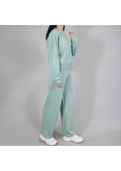 Iki Iplik Kadın Crop Sweatshirt & Yüksek Bel Düz Eşofman fırsatları