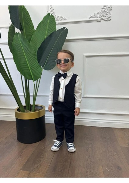 Ares Kids Fashion Beyaz Gömlek Lacivert Yelek , Pantolon ve Papyon Şık Giyim Için Erkek Kız Çocuk Hediye