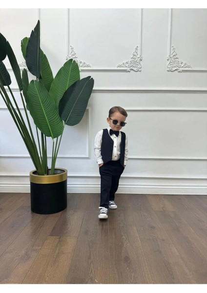 Ares Kids Fashion Beyaz Gömlek Lacivert Yelek , Pantolon ve Papyon Şık Giyim Için Erkek Kız Çocuk Hediye