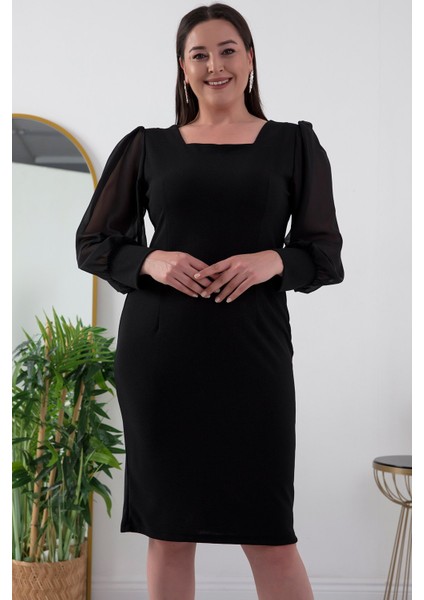 Kare Yaka Kollar Şifon Büyük Beden Elbise 13437 fiyatları