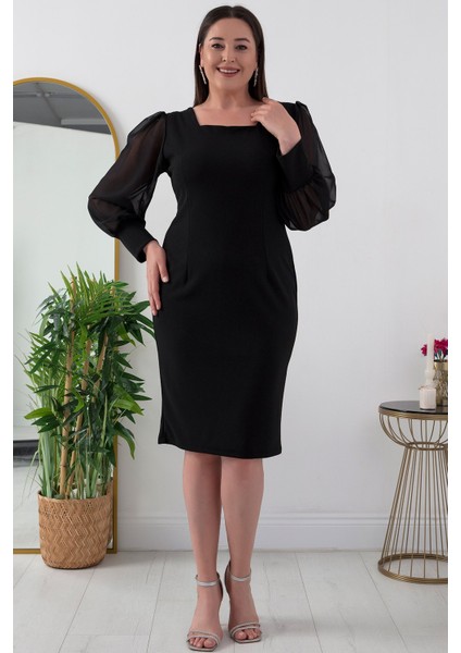 Kare Yaka Kollar Şifon Büyük Beden Elbise 13437 modelleri