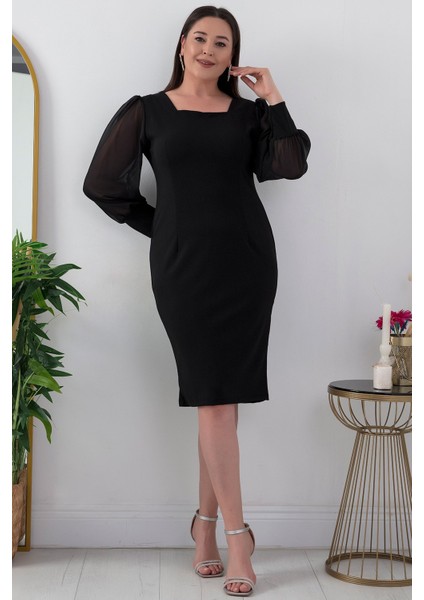 Kare Yaka Kollar Şifon Büyük Beden Elbise 13437 fırsatları