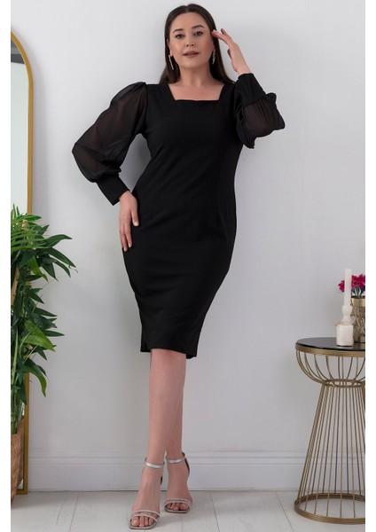 Kare Yaka Kollar Şifon Büyük Beden Elbise 13437 indirimleri