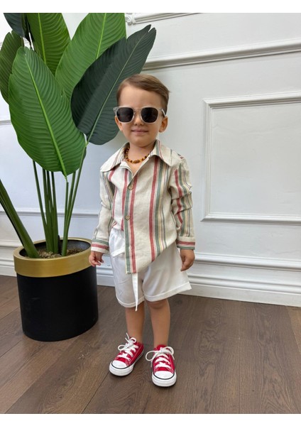 Keten Gömlek Beyaz Kırmızı ve Yeşil Çizgili Çocuk ve Bebek Giyim Hediyelik fiyatları
