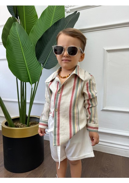 Keten Gömlek Beyaz Kırmızı ve Yeşil Çizgili Çocuk ve Bebek Giyim Hediyelik modelleri
