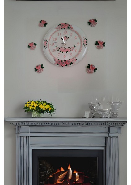 Beyaz Güllü Polyester Duvar Saati, Şık ve Modern Mutfak Dekoru 33x33 cm