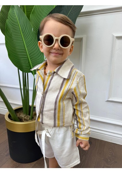 Ares Kids Fashion Keten Gömlek Beyaz Sarı ve Gri Çocuk ve Bebek Giyim Hediyelik Erkek Giyim