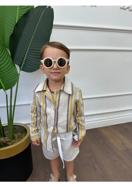 Ares Kids Fashion Keten Gömlek Beyaz Sarı ve Gri Çocuk ve Bebek Giyim Hediyelik Erkek Giyim