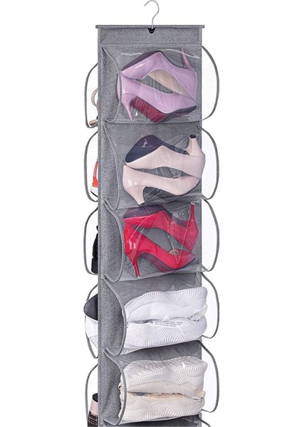 TeknoTrust Geniş 10 Cepli Dolap İçi Ayakkabı ve Çanta Organizer, Şeffaf Pencereli, Gri, 125x37cm
