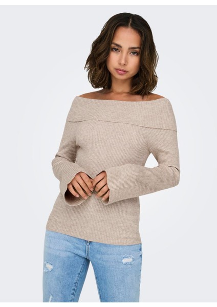 Normal Düz Açık Kahve Kazak Kadın Onljayden Ls Off Shoulder Knt