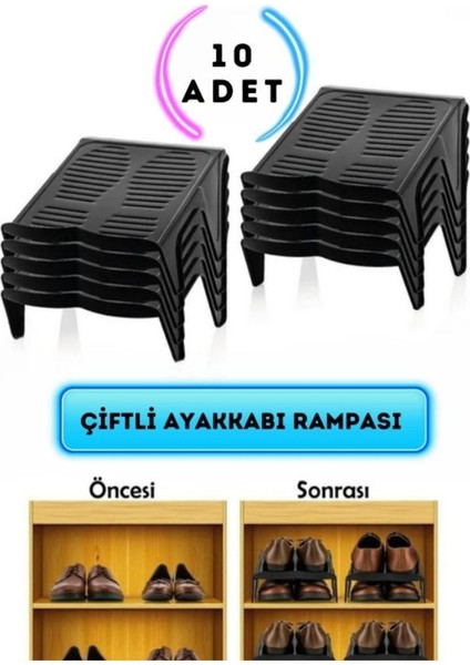 10'lu Siyah Plastik Ayakkabı Rampası, Dolap İçi Düzenleyici Organizer