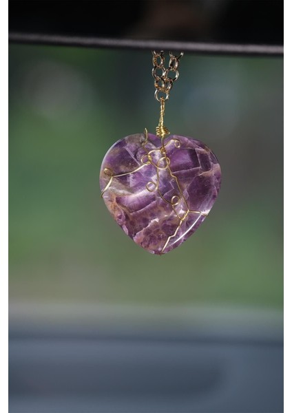 Ametist Doğal Taş Kalp Tel Sarmalı Dikiz Süsü