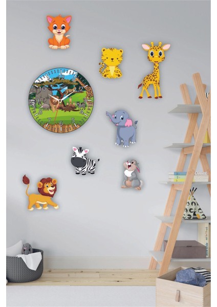 Renkli Sevimli Hayvanlar Çocuk/Bebek Odası 8 Parça Duvar Saati 30x30