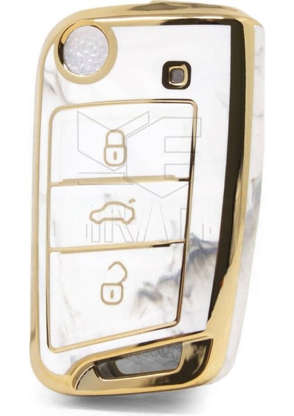 Lüx Seat Leon Mk3 Golf 7 ve 7.5 T-Roc 3 Buton Sustalı Anahtar Kılıfı Mermer Desenli