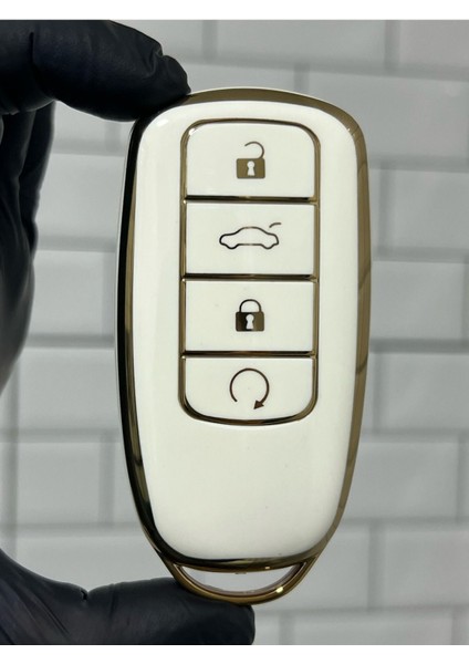 Lüx Chery Tiggo 8 Pro 3 Buton Smart Nano Anahtar Kılıfı Beyaz Gold Altın Renk 1.ci Kalite