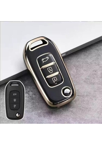 Lüx Renault Taliant 3 Buton Sustalı Nano Anahtar Kılıfı Siyah Gold Altın Renk 1.ci Kalite