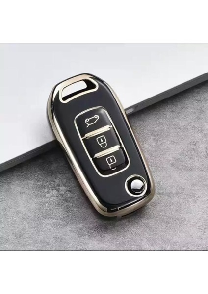 Lüx Renault Taliant 3 Buton Sustalı Nano Anahtar Kılıfı Siyah Gold Altın Renk 1.ci Kalite