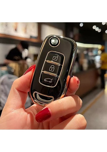 Lüx Renault Taliant 3 Buton Sustalı Nano Anahtar Kılıfı Siyah Gold Altın Renk 1.ci Kalite