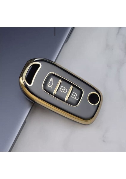 Lüx Renault Taliant 3 Buton Sustalı Nano Anahtar Kılıfı Siyah Gold Altın Renk 1.ci Kalite