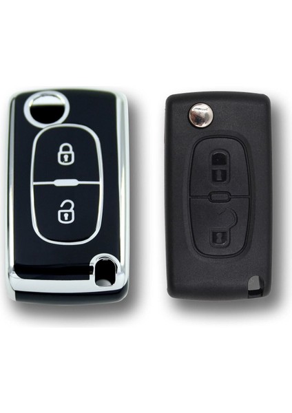 Lüx Peugeot 307 Citroen C3 2 Buton Sustalı Nano Anahtar Kılıfı Siyah Silver Gümüş Renk 1.ci Kailte fiyatları