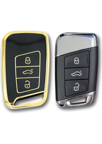 Skoda Super B Smart Oto Anahtar Kumanda Kabı Kılıfı Siyah Gold Altın Renk 1.ci Kalite