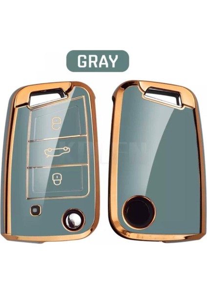 Lüx Skoda Rapid Octavia Fabia Nano Anahtar Koruma Kılıfı Gri Gold Altın Renk 1 .ci Kalite