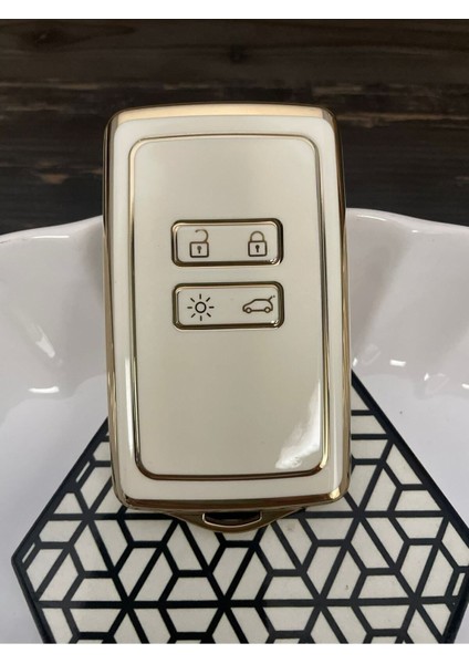 Lüx Renault Clio 5 Megane 4 Dacia Kadjar 4 Buton Nano Anahtar Kılıfı Beyaz Gold Renk