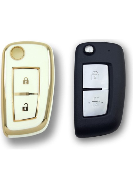 Lüx Nissan Qashqai, Juke, Micra Sustalı 2 Buton Nano Anahtar Kılıfı Beyaz Gold Renk 1 .ci Kalite fiyatları