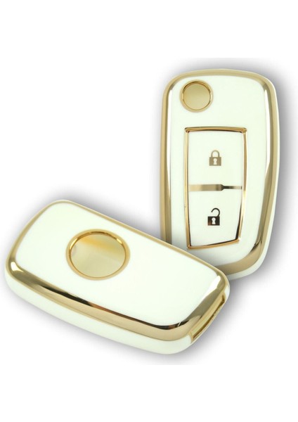 Lüx Nissan Qashqai, Juke, Micra Sustalı 2 Buton Nano Anahtar Kılıfı Beyaz Gold Renk 1 .ci Kalite modelleri