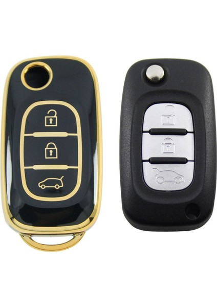 Renault Megane 3 Fluence 3 Buton Sustalı Nano Anahtar Kılıfı Siyah Gold Altın Renk 1.ci Kalite