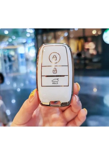 Lüx Kia Rio Ceed Soul Sportage Sorento Picanto 3 Buton Sustasız Nano Anahtar Kılıfı Beyaz Gold Renk