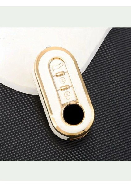 Lüx Fiat Doblo Ducato Fiorino Punto 500L Sustalı Nano Anahtar Kılıfı Beyaz Gold Altın Renk