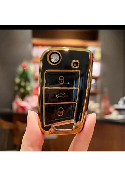 Golf 7 Golf 7,5 Tiguan Polo Uyumlu Lüks Nano Anahtar Koruma Kılıfı Siyah Gold Altın Renk