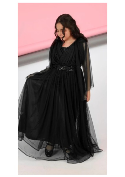 Beli Simli Kolları Pelerin Görünümlü Beli Lastikli Abiye