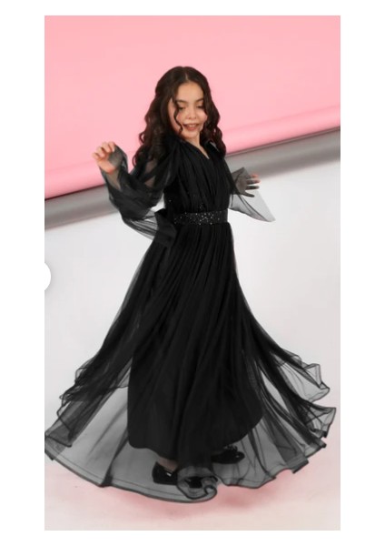 Beli Simli Kolları Pelerin Görünümlü Beli Lastikli Abiye fiyatları