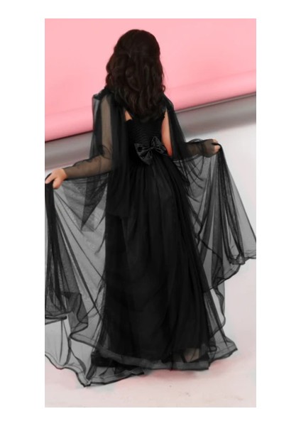 Beli Simli Kolları Pelerin Görünümlü Beli Lastikli Abiye modelleri