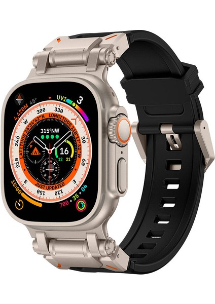 - ​​​Apple Watch Ultra 49mm - Kordon Titanyum Metal Başlıklı Silikon Kordon - KRD-101 - Siyah-Titanyum - T30722