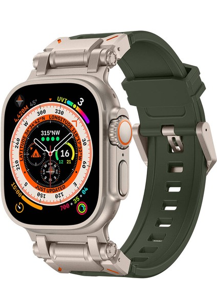- ​​​Apple Watch Ultra 49mm - Kordon Titanyum Metal Başlıklı Silikon Kordon - KRD-101 - Yeşil-Titanyum - T30722