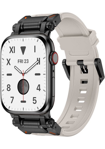 - ​​​Apple Watch 7 45mm - Kordon Titanyum Metal Başlıklı Silikon Kordon - KRD-101 - Siyah-Starlight - T30721