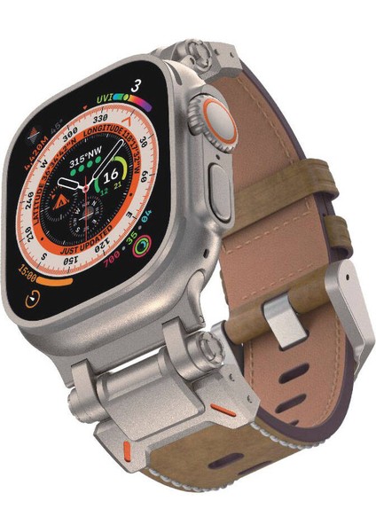 - ​​​Apple Watch Ultra 49mm - Kordon Metal Başlıklı Suni Deri Kordon - KRD-114 - Taba - T31827