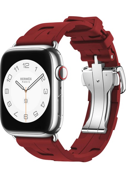 - ​​​Apple Watch 7 41mm - Kordon Spor Görünümlü Silikon Kordon - KRD-94 - Koyu Kırmızı - T30747