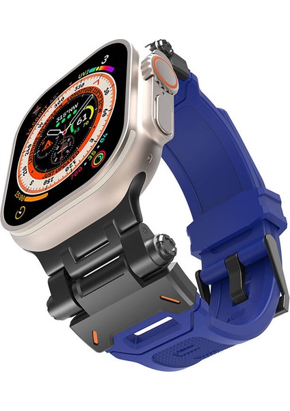 - ​​​Apple Watch 44mm - Kordon Metal Başlıklı Silikon Kordon - KRD-108 - Siyah-Mavi - T31534
