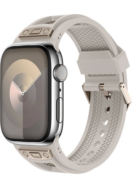 - ​​​Apple Watch 7 45mm - Kordon Delikli Metal Süslemeli Desenli Silikon Kordon - KRD-117 - Titanyum-Starlight - T32809