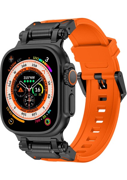 - ​​​Apple Watch Ultra 49mm - Kordon Titanyum Metal Başlıklı Silikon Kordon - KRD-101 - Siyah-Turuncu - T30722